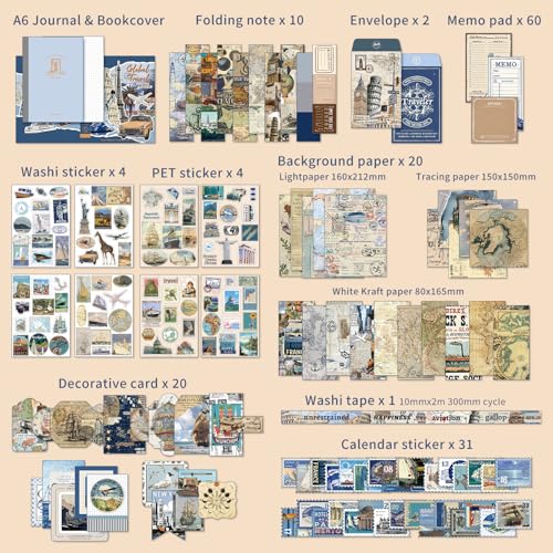 Image of emmoolife Scrapbooking Supplies Kit, Daily Life World Travel Scrapbook Kit for Bullet Junk Journal, Stationery, A6 Grid Notebook, DIY Journaling Supplies, Birthday Craft Gift Teen Women