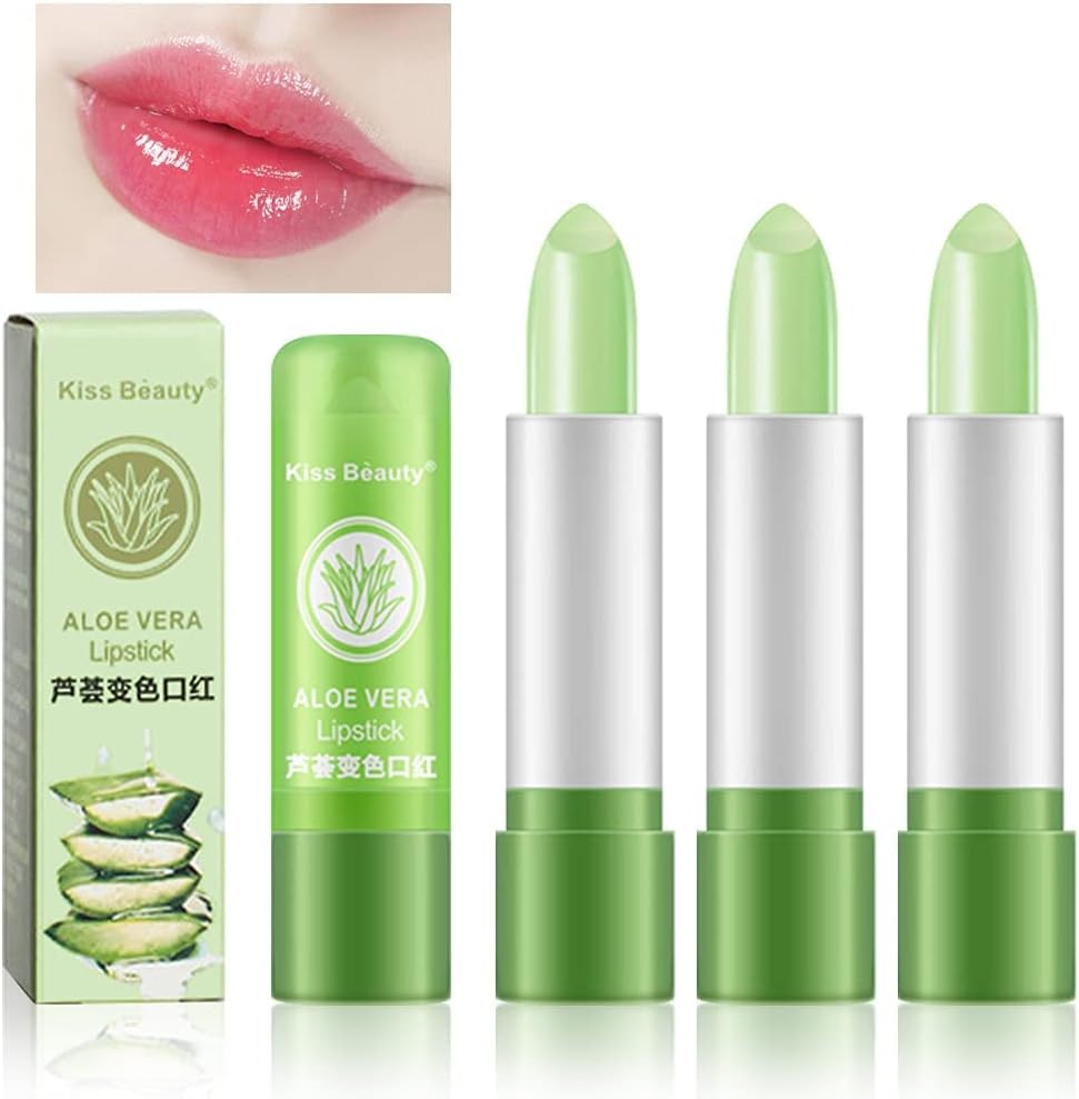 HAOYA3 Pcs Aloe Vera Color Changing Lipstick,Long Lasting Lip Care Nutritious Plumper Lip Balm Moisturizer Magic Temperature Color Change Lip Gloss Matte Makeup (SET02)