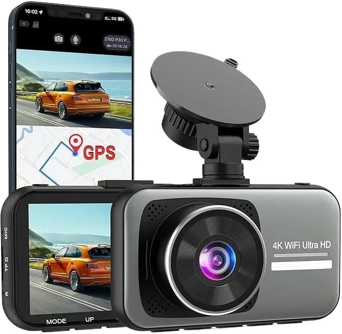 SonoVax 4K Dash Cam with labeled components: Suction Mount, GPS Module, Rear Camera Port, LCD Screen.