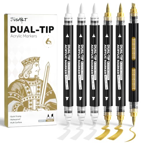 Image of JusArt 6 White & Gold Acrylic Paint Markers, Dual Tip Markers for Drawing | Automatic Ink Control, Waterproof Paint Pen for Rock, Wood, Glass, Fabric, Canvas, DIY Crafts, Classroom & School Supplies