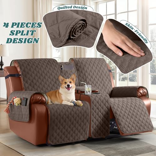 Image of Ruaozz Waterproof Loveseat Recliner Cover with Console Non-Slip Reclining Couch Covers Split Sofa Slipcovers with Elastic Straps Furniture Protector for Kids, Dogs, Pets(Brown, 2 Seater)