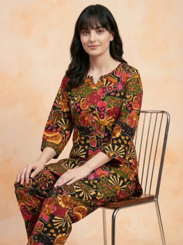 Image of Bee M Pee Designer Trendy Floral Printed Poly Rayon Cotton Kurta Coord Sets for Women | Stylish Casual Kurti Tunic Cord Set with Pant for Woman for Office