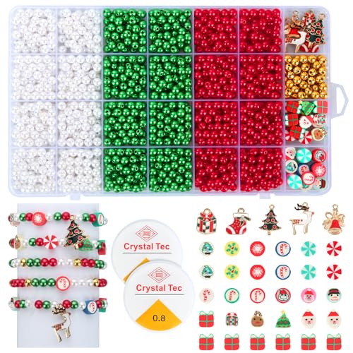 XIEJ 1285 pièces perles de Noël, perles de Noël pour bracelets, kit de fabrication de bijoux avec pendentifs de Noël, loisirs créatifs de Noël pour fabrication de bracelets, colliers, boucles