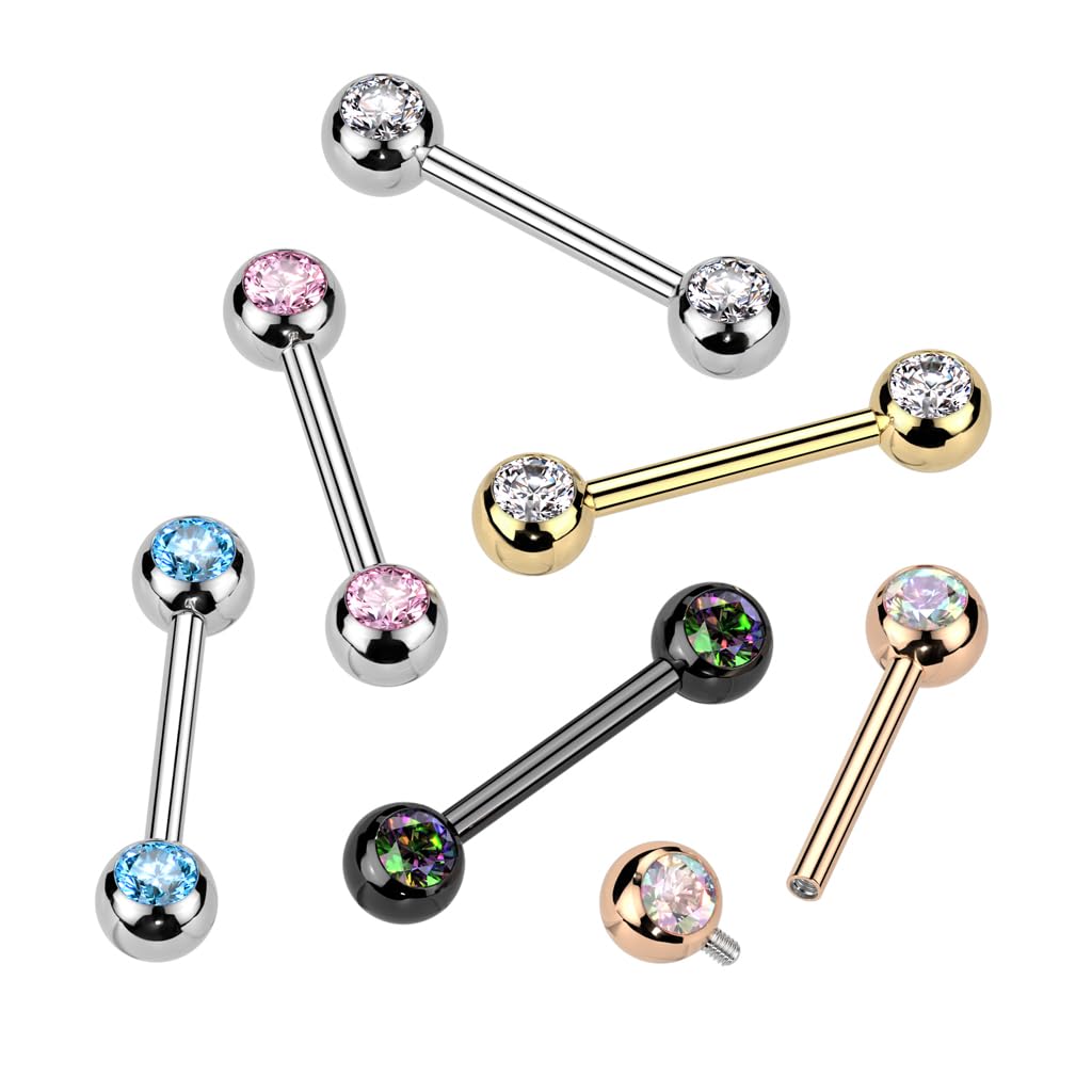 Pierced Owl 14GA ASTM F-136 - Piercing de titanio de grado implante con rosca interna, con extremos de bola de cristal CZ para pezón, se venden por par, 16 mm, Metal, Circonita cúbica