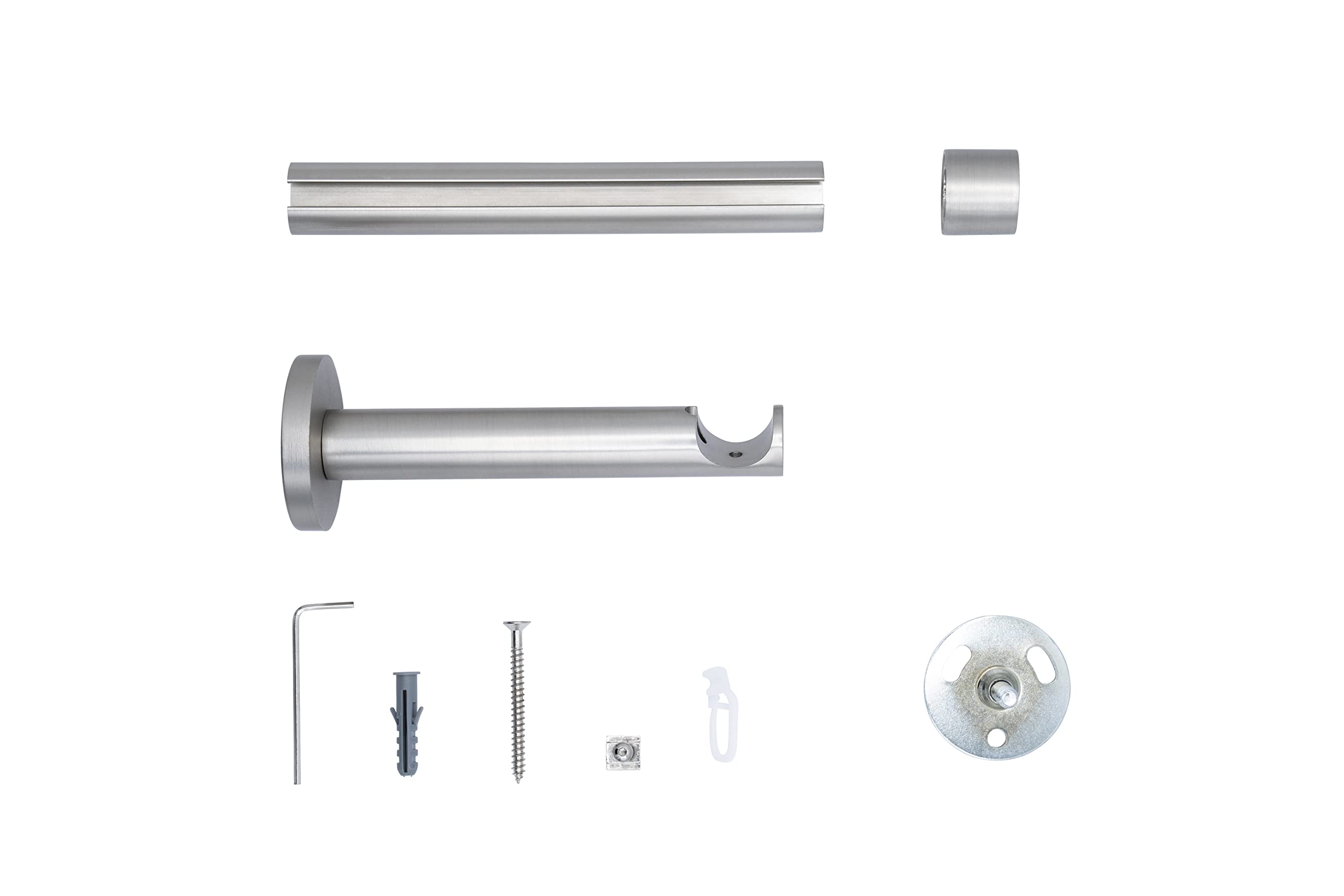 Gardinenstange auf Maß Innenlauf 20mm Cap 1-lauf Vorhangstange Wandträger 12cm Stilgarnitur Gleiter für Vorhänge Edelstahl-Optik 260cm