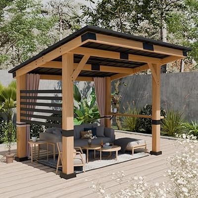 Yardsight Wood Gazebo 10' x 12', Hardtop Cedar Gazebo with Metal Roof, Outdoor Wooden Gazebo with Curtains, Permanent Pavilion Grill Gazebo for Backyard, Deck, Patio, Garden, Parties