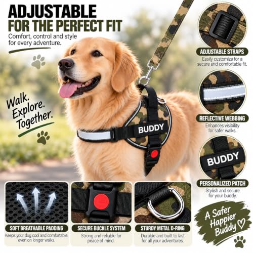 Image of Army Camo Dog Vest Harness with Leash, No Pull & Reflective