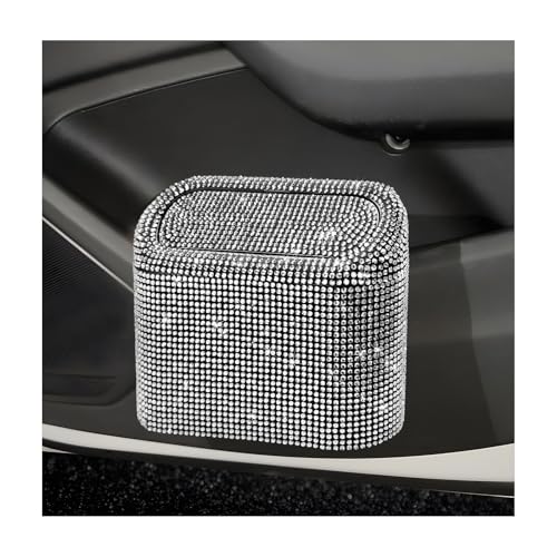 NYTKL Bling Car Trash Can with Lid, Sparkly Mini Crystal Litter Container Auto Hanging Dustbin, Leakproof Plastic Trash Bin Rhinestone Garbage Storage Organizer for Car Home Office (White)