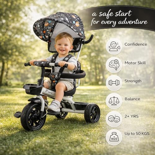 Image of Maanit Kids Tricycle with Canopy & Dual Storage Basket - Toddler Bike with Parental Handle Control, Safety Guardrail & Comfort Seat - Trike for Ages 1.5-5 Years (M692) (Grey)