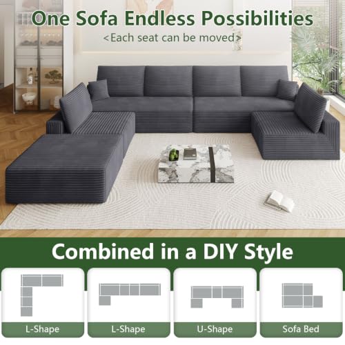 Image of Oversized Modular Sectional Sofa Couch,Large 7 Seater Corner Sofa Modern U Shaped Sectional Couch with Ottoman Cloud Couches for Living Room,Office,Spacious Space,Corduroy,No Assembly,Dark Grey
