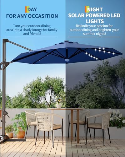 10FT Cantilever Umbrella Outdoor Patio Umbrella w/Base Included Market Offset Umbrella Sun Shade Windproof with 360-Degree Rotation for Patio Garden Deck Pool, Navy Blue
