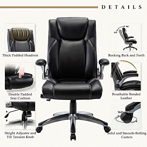 Executive Leather Office Chair, Ergonomic Office Chair with Adjustable Lumbar Support,High Back Computer Desk Chair, Flip-up Arms, Swivel Rolling Home Office Work Chair for Adults, Men, Women (Black)