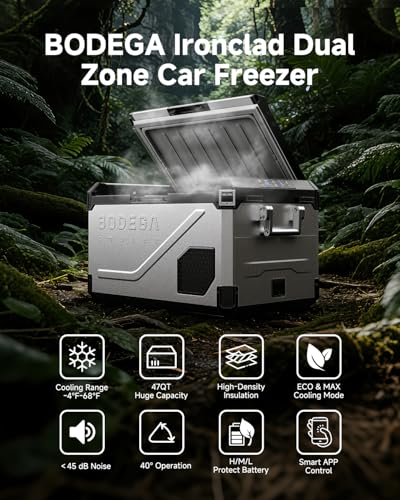 Image of BODEGA Portable 12V Car Refrigerator, 47QT Stainless Steel Fridge with Removable Divider for Dual Zone MAX /ECO Modes & Battery Protection, Electric Cooler for RV, Truck, Camping