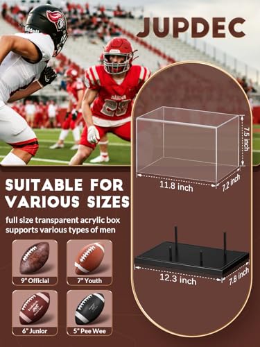 Image of JupDec Football Display Case Full Size, Acrylic Clear Box with Wood Stand, UV Protected Memorabilia Holder, for Football Fans & Collectors, Sports Collectibles, No Assembly Required, Black