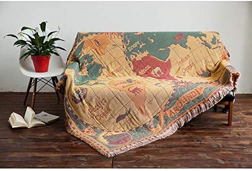 Maynest World Map Throw Blanket Reversible Hippie Bohemian Vintage Yellow Red Knitted Large Fringed Cotton Woven Tapestry Colorful Boho Fantasy Rug Sofa Loveseat Chair Recliner Couch Cover (S: 51X71) #TOP4