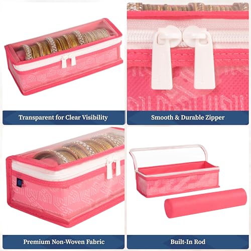 Image of HomeStrap Non-Woven Single Rod Bangle Box with Transparent Top | Waterproof, Dustproof Organizer for Bangles, Chudis, Bracelets, Watches & Jewellery | Compact Storage Organizer | Pink | Pack of 2