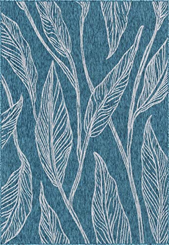 Unique Loom Outdoor Botanical Collection Area Rug - Leaf (6' 1" x 9' Rectangle, Teal/ Ivory) - Image 7