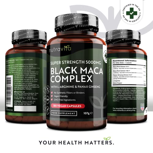 Nutravita Schwarze Maca Kapseln – 180 vegane Kapseln – 100% peruanisches Maca Schwarz 10:1 Extrak mit...