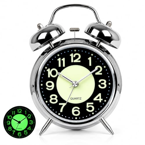 Image of RUCON Twin Bell Alarm Clock for Bedroom | Super Loud Analog Alarm Clock for Heavy Sleepers | Night Light | Metal Table Clock for Home, Office & Kids (Silver Luminous)