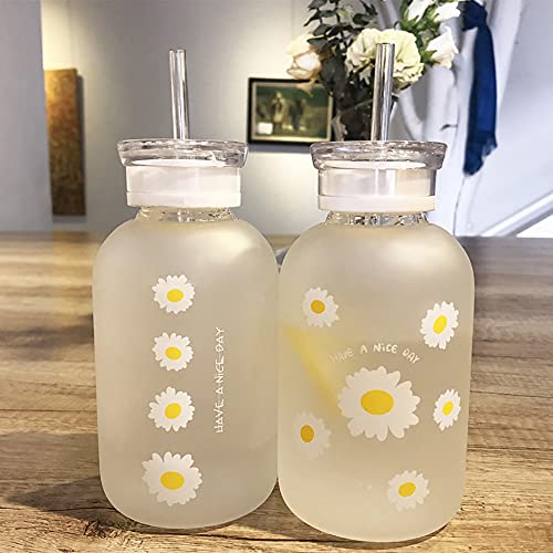 480Ml Milk Juice Cute Water Bottle With Scale 2 Lids Little Daisy Matte Portable Transparent Water Cup Glass Bottles Creative Handy Cup (1Pcs Six Flowers) #TOP5
