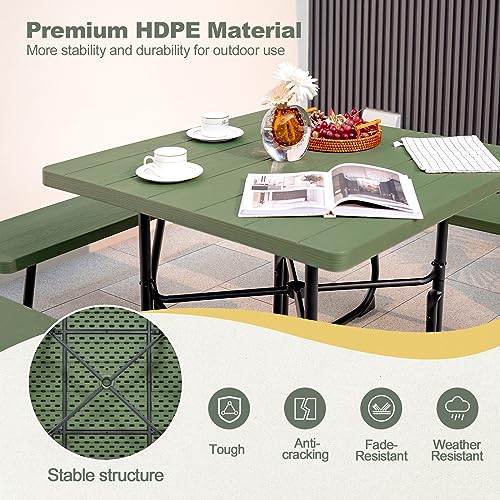 Image of Tangkula 8 Person Picnic Table, Outdoor Square Picnic Table with 4 Built-in Benches, Umbrella Hole, Metal Frame & HDPE Tabletop, Outside Table and Bench Set for Backyard, 2300lbs Weight Capacity