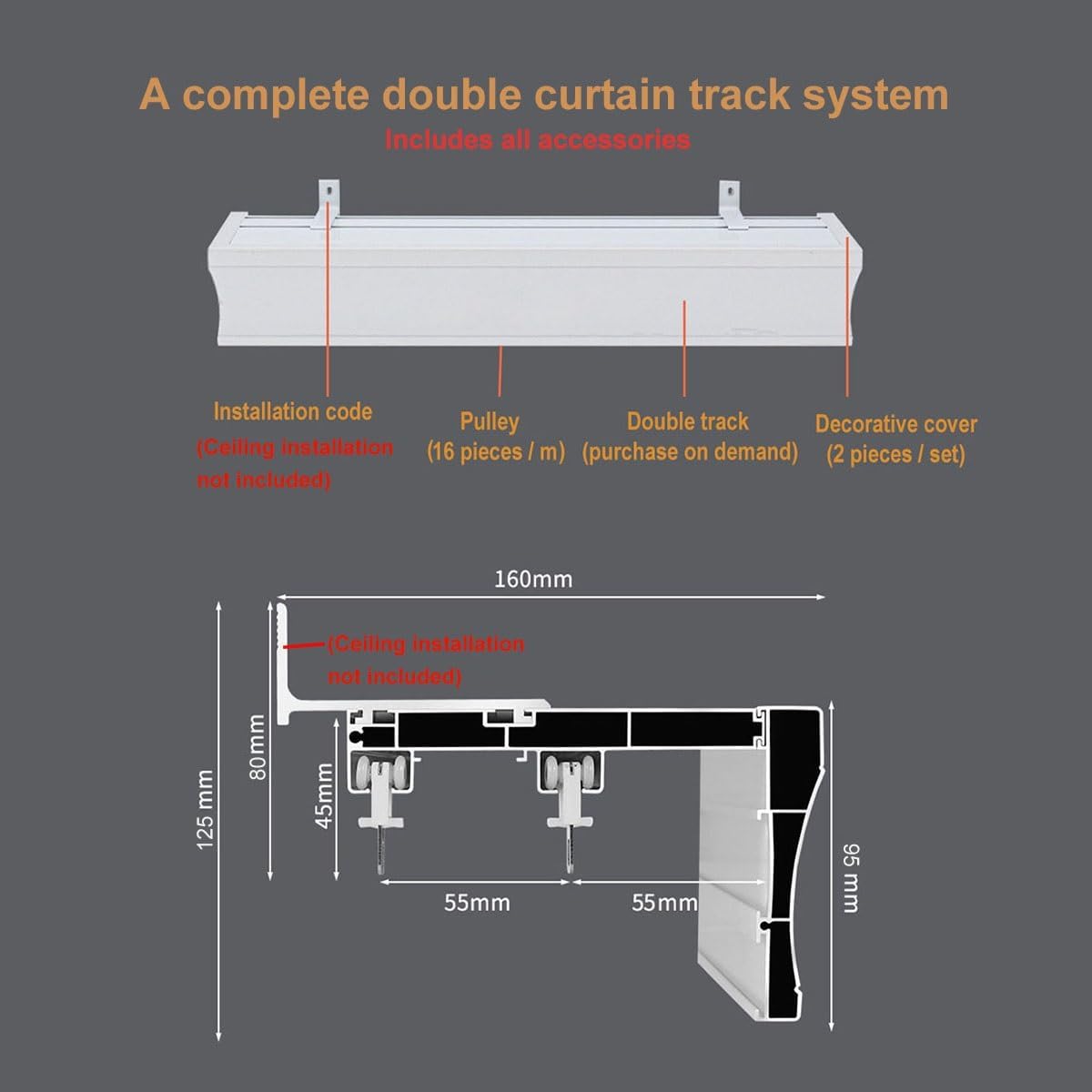 Triple-Function Ceiling-Mounted Double Curtain Track Rail System, 600cm/236.4in Length, Customizable Sliding Curtain Rod with Baffle for Smooth Operation and Versatile Drapery Solutions