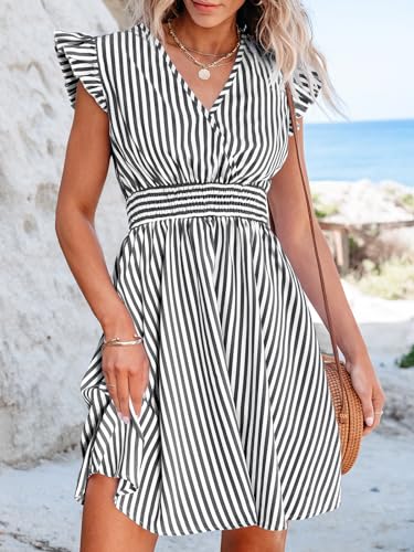 CUPSHE Women's Mini Dress V Neck Flutter Sleeve Striped Smocked Waist A Line Short Summer Dress Black Striped, M4