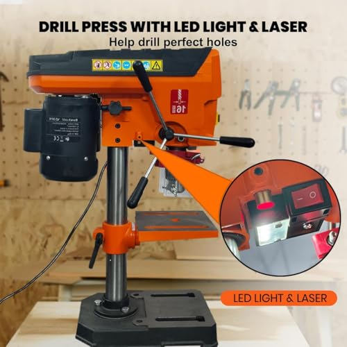 Image of VOLTZ VZ-DP16 1.8-Amp 8-Inch 9-Speed Cast Iron Bench Drill Machine Benchtop Drill Press For Wood Working With Led Light Black /Orange (400W, 0.62 Inches)