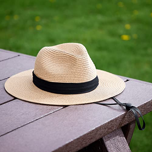 Happy Hippo Women's Wide Brim Straw Panama Hat Fedora Roll Up Beach Hat, Sun Hat Upf50+, Adjustable (Khaki) #TOP2