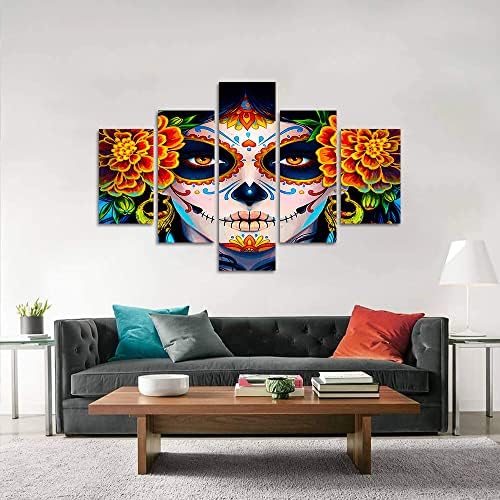 Sugar Skull Girl's Face Canvas Paintings Wall Art Day of the Dead Dia De Los Muertos Artwork Modern Home Decor Saints Day Halloween Wall Art Set of 5 Wooden Framed Ready to Hang-60 inch x 40 inch