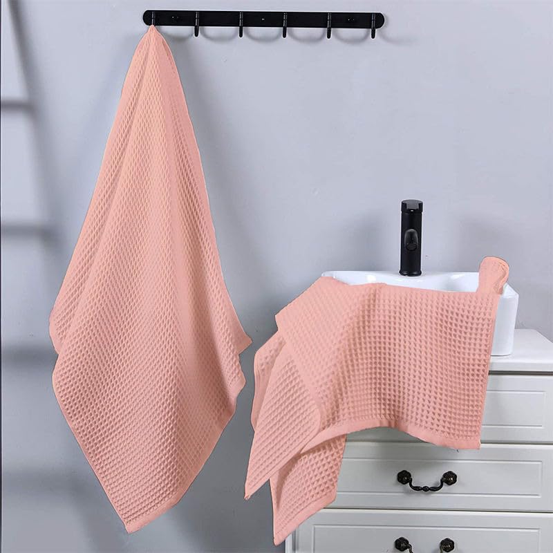 Image of Pure Cotton Waffle Towel | Lightweight | Anti Microbial and Water Absorbent | Soft Touch Quick Drying Hand Towels (Peach, Pack of 4)