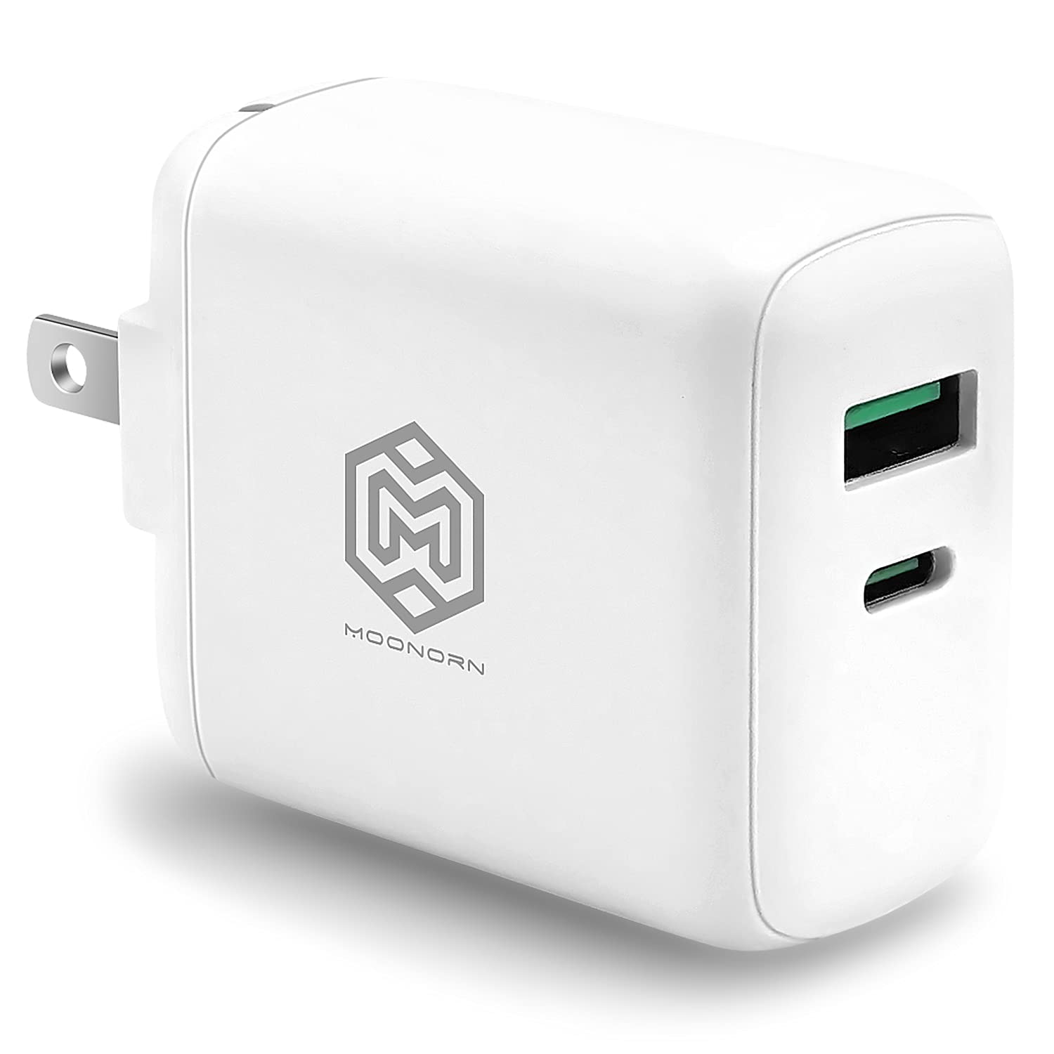 MOONORN 3.0 Fast Charger, Portable 38W USB Type C Foldable Power Adapter Quick Wall Charger, 20W+18W Compatible for iPhone13, iPhone 12, Samsung Galaxy Series, iPad, LG, Nexus, etc (White)