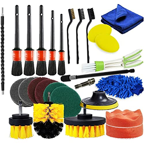 27 PCS Drill Brush Attachments Car Detailing Brush Kit for Auto Exterior and Interior Includes Scrub Pads Sponges Detailing Brushes Washing Mitt Air Vent Brush Cleaning Cloth Home Cleaning Set