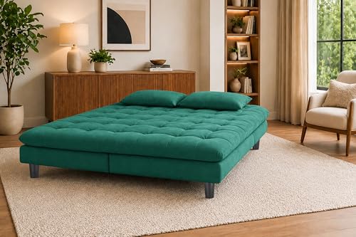 Image of 3-Seater Velvet Sofa Cum Bed, Tufted Convertible Sleeper Couch, Space-Saving Design, Comfortable Cushioned Seating - Green