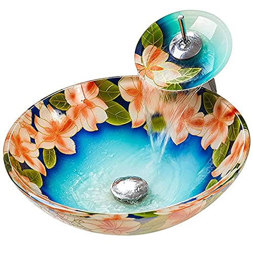 IYUESQ Lavabo artístico de baño, Lavabo de Vidrio Templado con Grifo de Cascada, Lavabo de encimera Redondo, para remodelación de baño, A