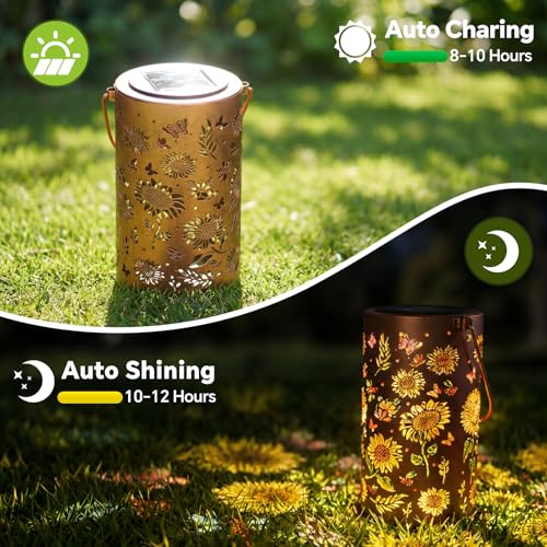 2 Pack Sunflower Solar Lanterns Outdoor Waterproof , Garden Backyard Patio Decor Gifts for Women Mom Sister Her, Grandma Hanging Solar Lights Metal Decoration Outside for Yard, Patio, Backyard, Porch — view 4