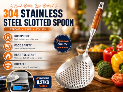 Image of 304 Stainless Steel Cooking Skimmer Jhara with Long Wooden Handle, Heavy Duty Spider Strainer Slotted Spoon for Deep Frying, Oil Draining, Pasta, Noodles, Pakora, Puri & Fries Cooking (Pack of 2)