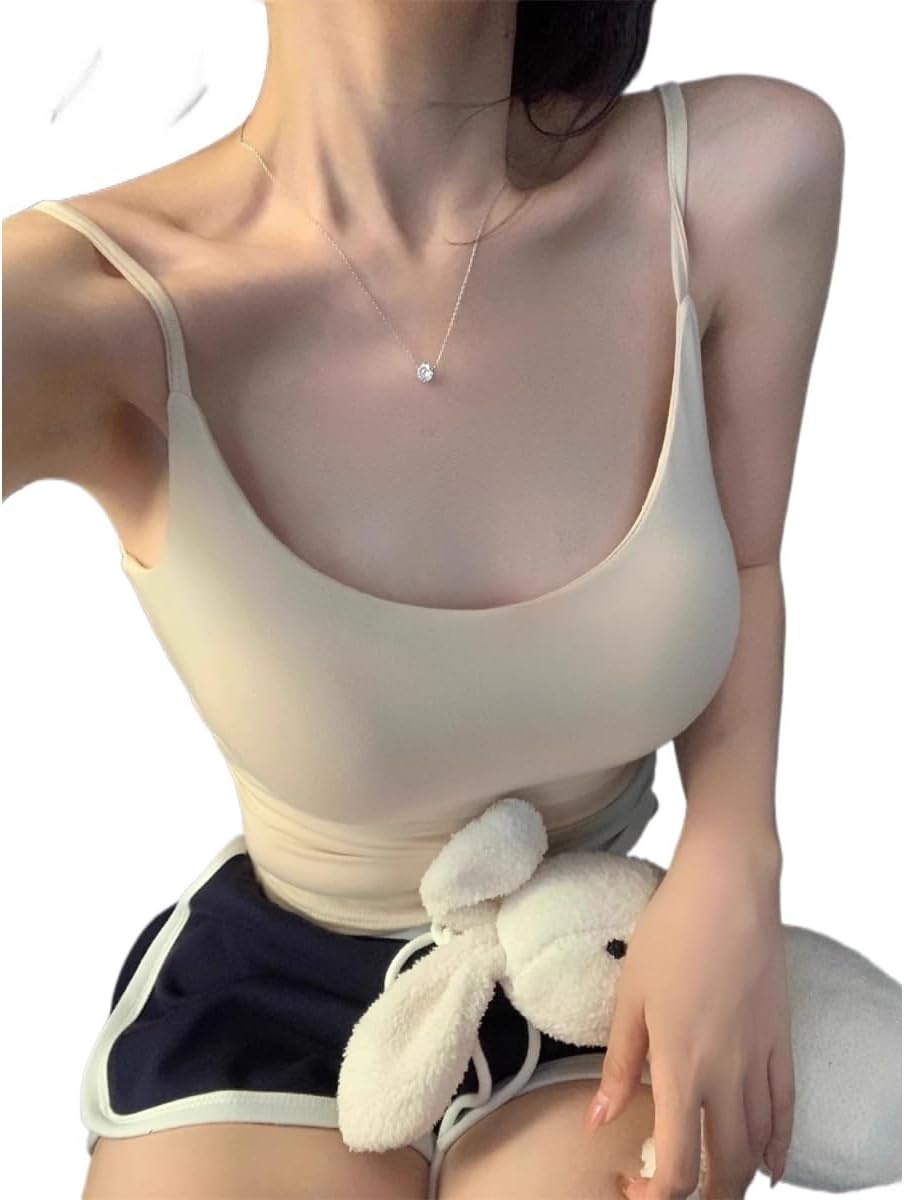 Modal Built-in Bra Camisole Tank for Women, Slim Fit Spaghetti Strap Layering Top Spring Summer Breast Flattering