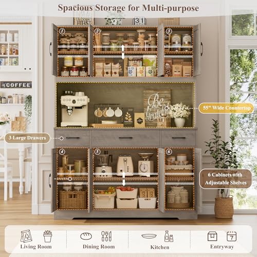 Image of HOSTACK 71 inch Tall Pantry Cabinet with Charging Station, 55 inch Wide Kitchen Pantry Storage Cabinet with Countertop, Large Kitchen Hutch with Storage Drawers and Microwave Stand for Dining Room, Ash Grey