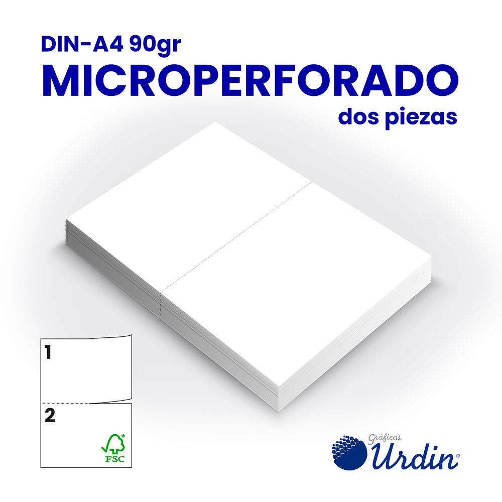 Papel Microperforado Din A4 troquelado por la mitad, 2 partes, 90 gramos. Ideal para Impresión de Albaranes y Recibos. (1000 hojas A4.)
