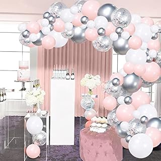 Balloon Arch Kit Pink Rose White Silver Balloons Garland Kit 100pcs Helium Confetti Metallic Balloons Arch Set with 16ft Tape Strip & Dot Glue for Girl Wedding Birthday Baby Shower Party Decorations
