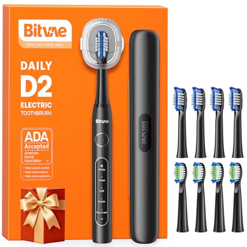 Bitvae D2 Ultrasonic Electric Toothbrush for Adults and Kids, Electric Toothbrush with Rechargeable Power, 8 Toothbrush Heads and 5 Modes, Black