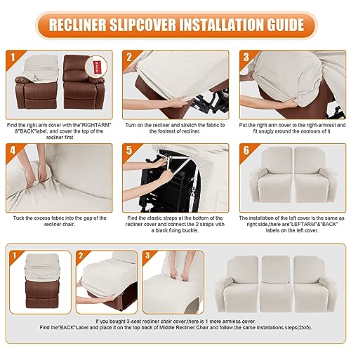 Image of VANSOFY Recliner Cover, 3-Pieces Stretch Reclining Couch Covers with Pockets Reclining Sofa Slipcovers 3 Seater Soft Washable Furniture Protector for Dogs Cats(Off White)