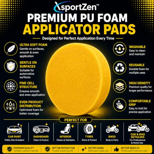 Image of Foam Applicator Pads for Car & Bike - Soft Microfiber Wax Polish Sponge, Scratch-Free Detailing Pad for Car Interior & Exterior, Tyre Dressing, Dashboard Polish (6, Yellow)