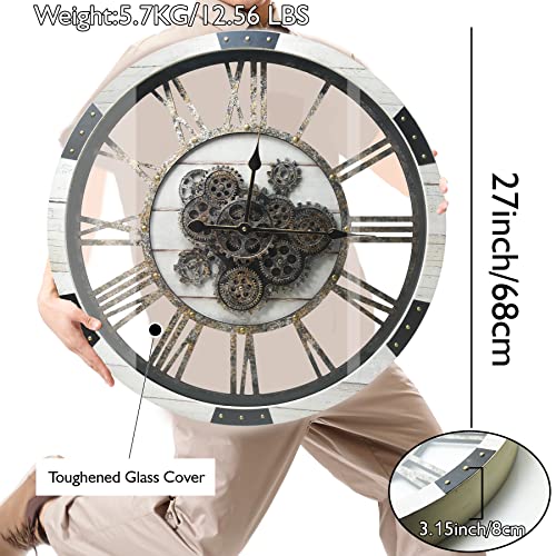 27" Large Real Moving Gears Wall Clock With Toughened Glass Cover Solid Wood Retro Metal Skeleton Oversized Vintage Steampunk Rustic Clock For Living Room Decor Home Farmhouse Kitchen(Desert Beige) #TOP4