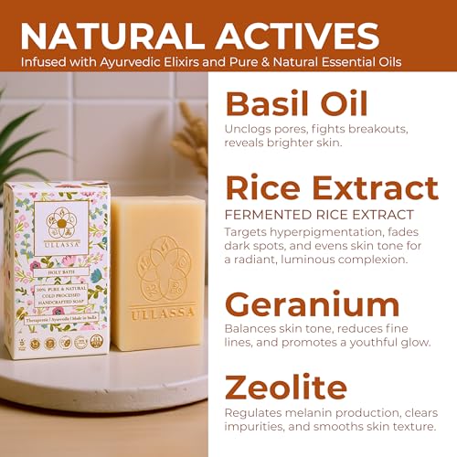 Image of Skin Brightening Aromatherapy Soap | Rice Extract & Zeolite Clay with Basil & Geranium | For Pigmentation, Dark Spots & Acne | Natural Handmade Bathing Bar | SLS & Paraben Free (Pack of 1)