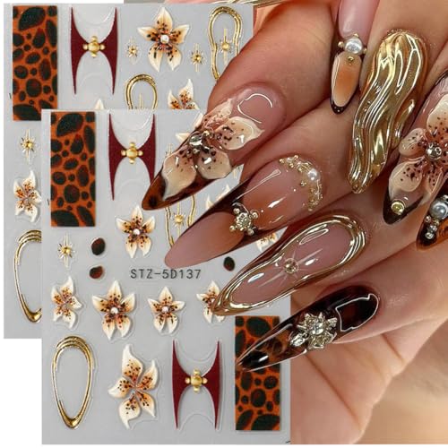 Fall Flower Nail Art Stickers Decals Leopard Print French Flowers Nail...