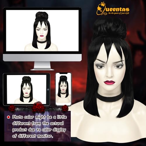 Image of QUEENTAS Long Wig for Women Black Gothic Bride Fluffy Buns Cosplay Wig with Bangs Natural Synthetic Hair Wigs