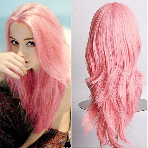 23" Cosplay Wig Big Wavy Full Bangs Wig Top Quality Synthetic Hairpiece Japanese Heat Resistant Fiber (pink)