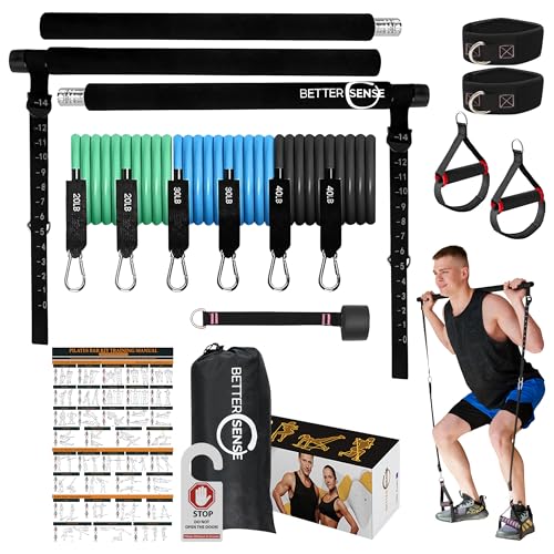Pilates Bar Kit with Resistance Bands &ndash; Adjustable 39&rdquo; Steel Bar & 6 Stackable Bands...